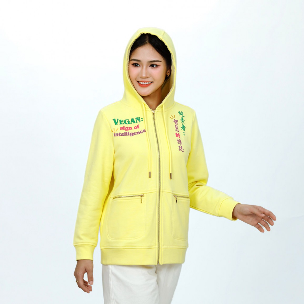 純素標語 保暖 連帽外套 純棉 拉鏈 口袋 有現貨 B1351【Celestial Cloud】
