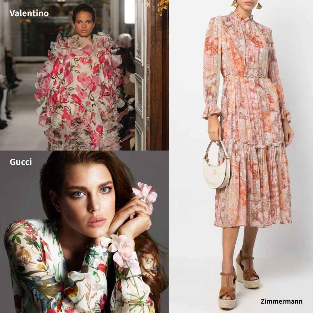 Gucci、Valentino 和 Zimmermann 的設計中，都能看到大膽的印花風格。