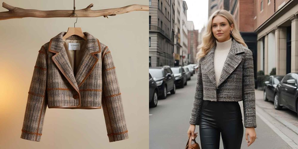 如果你喜歡更輕盈靈活的穿搭,短版純素粗花呢外套會是絕佳選擇。