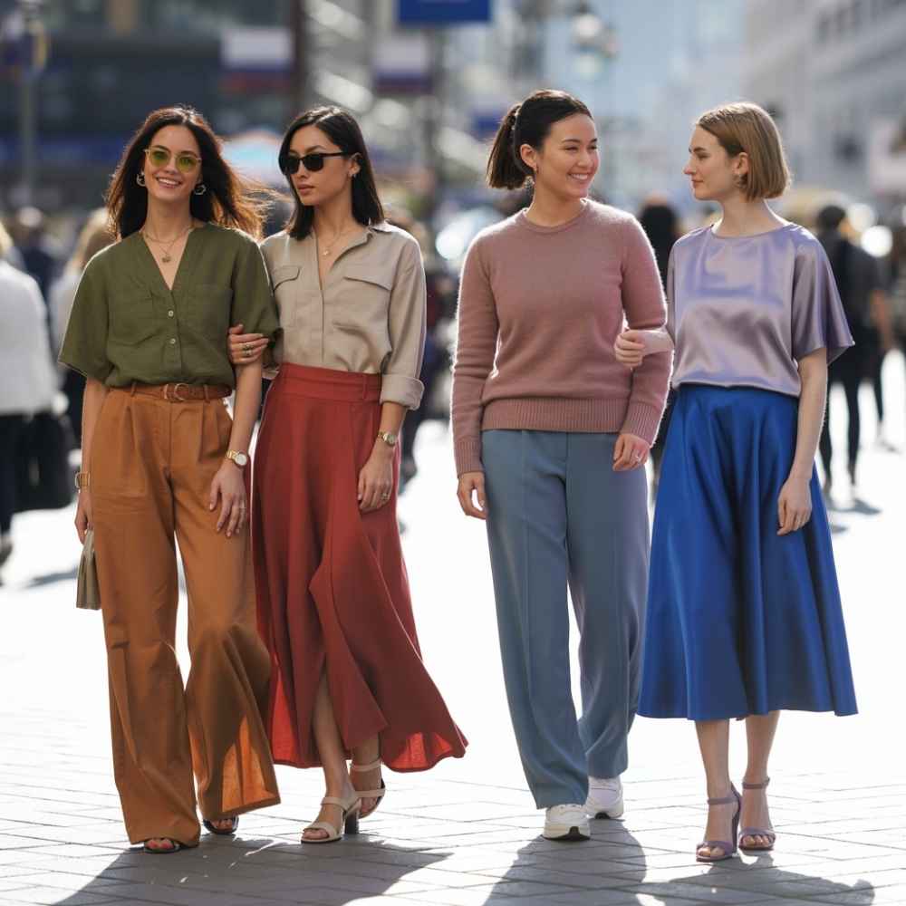 暖膚色適合橄欖綠＋焦糖、米色＋紅棕等低調撞色；冷膚色則適合煙粉＋霧藍、淺紫＋深藍