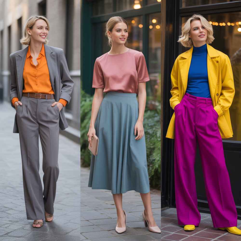 上班可選擇中性色＋亮色（如灰＋橘），既專業又不失活力