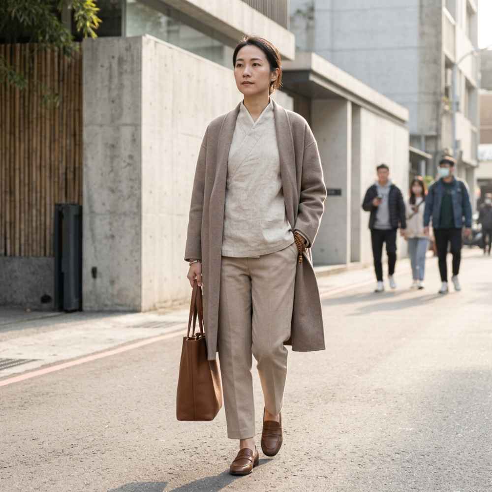 東方極簡服飾具備極高適應性——會議室裡沉穩得體，靜坐時極度舒適，社交場合自帶清流氣質。
