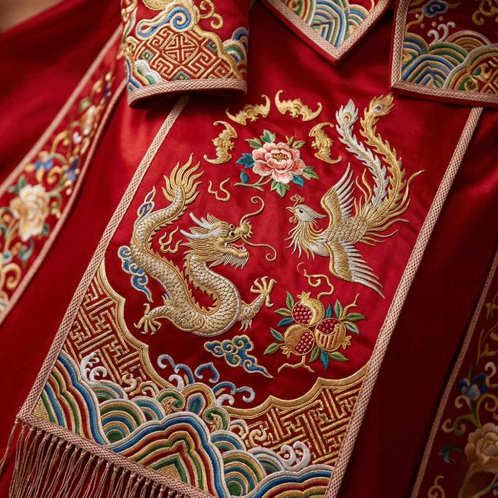 每一件傳統嫁衣上的圖案,都宛如一部無聲的吉祥辭典,訴說著長輩對新人未來的無盡祝願。