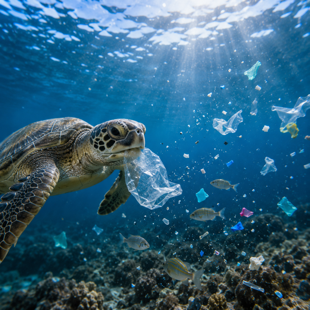 當微塑膠進入河川與海洋後，容易被浮游生物、貝類、小魚及其他水生生物誤食。