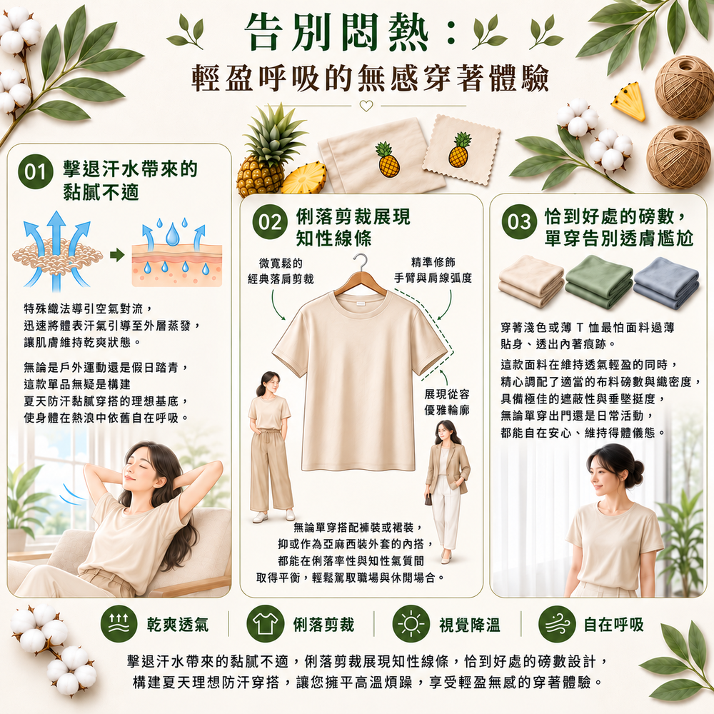 挑選具備良好通風性與剪裁設計的單品,是維持全天乾爽優雅的關鍵。