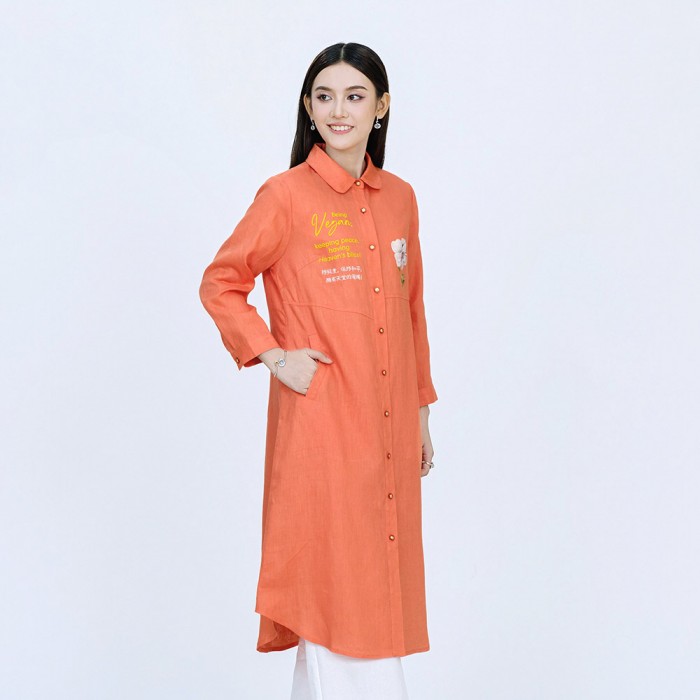 Vegan Slogan Elegant Linen Floral Shirt Dress B1501【Celestial Cloud】