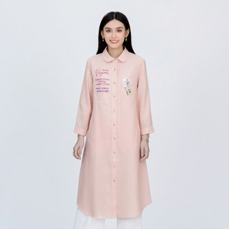 Vegan Slogan Elegant Linen Floral Shirt Dress B1501【Celestial Cloud】