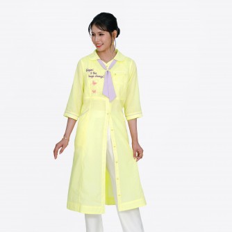 Vegan Slogan Elegant Cotton-Linen 3/4 Sleeve Tie Neck Collar Shirt Dress B1508【Celestial Cloud】