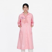Vegan Slogan Elegant Cotton-Linen 3/4 Sleeve Tie Neck Collar Shirt Dress B1508【Celestial Cloud】
