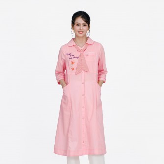 Vegan Slogan Elegant Cotton-Linen 3/4 Sleeve Tie Neck Collar Shirt Dress B1508【Celestial Cloud】