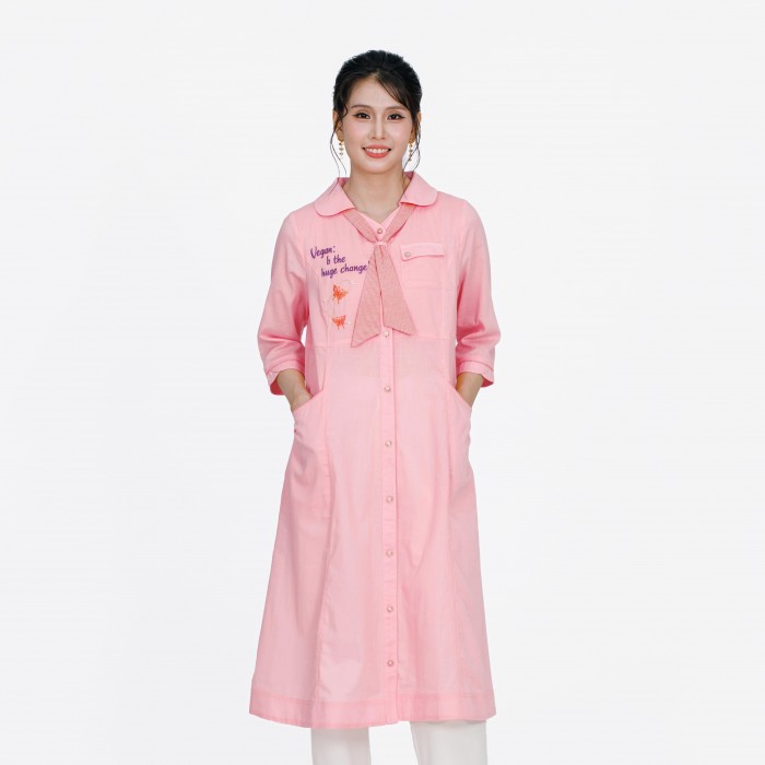 Vegan Slogan Elegant Cotton-Linen 3/4 Sleeve Tie Neck Collar Shirt Dress B1508【Celestial Cloud】