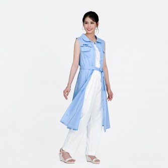 Vegan Slogan Stylish & Chic Cotton-Linen Sleeveless Tie-Waist Shirt Dress B1509【Celestial Cloud】