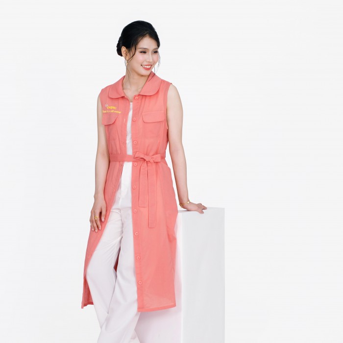 Vegan Slogan Stylish &amp; Chic Cotton-Linen Sleeveless Tie-Waist Shirt Dress B1509【Celestial Cloud】