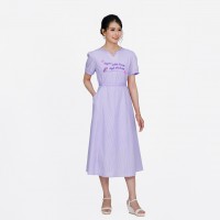 Vegan Slogan Notched V-Neck Tie Waist Striped Dress B1510【Celestial Cloud】
