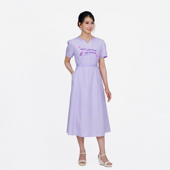 Vegan Slogan Notched V-Neck Tie Waist Striped Dress B1510【Celestial Cloud】