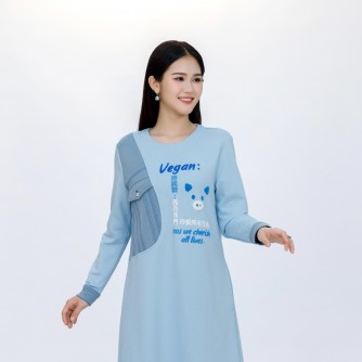 Vegan Slogan Animal Friends Denim Pocket Warm Cotton Dress B1552【Celestial Cloud】