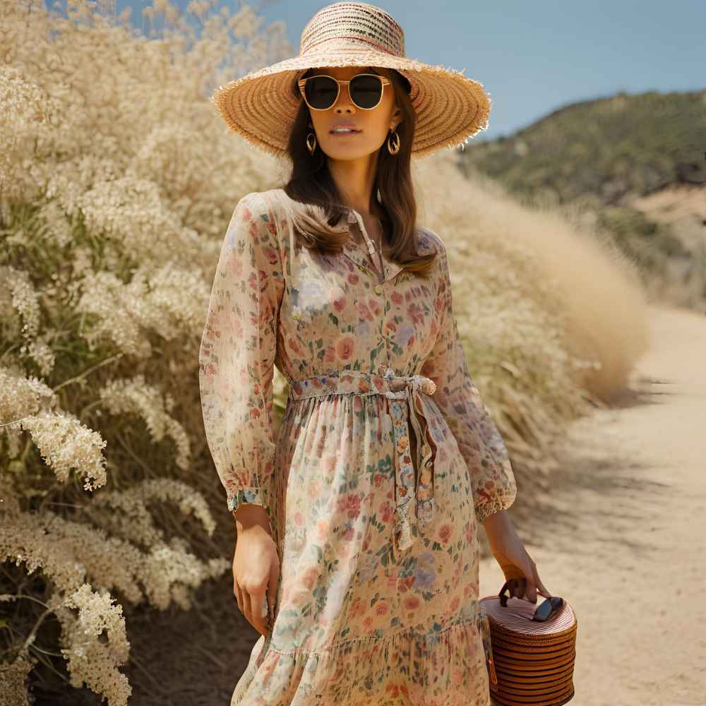 A long, flowing floral chiffon dress paired with a woven straw hat and sandals beautifully evokes a relaxed, vacation-ready atmosphere.