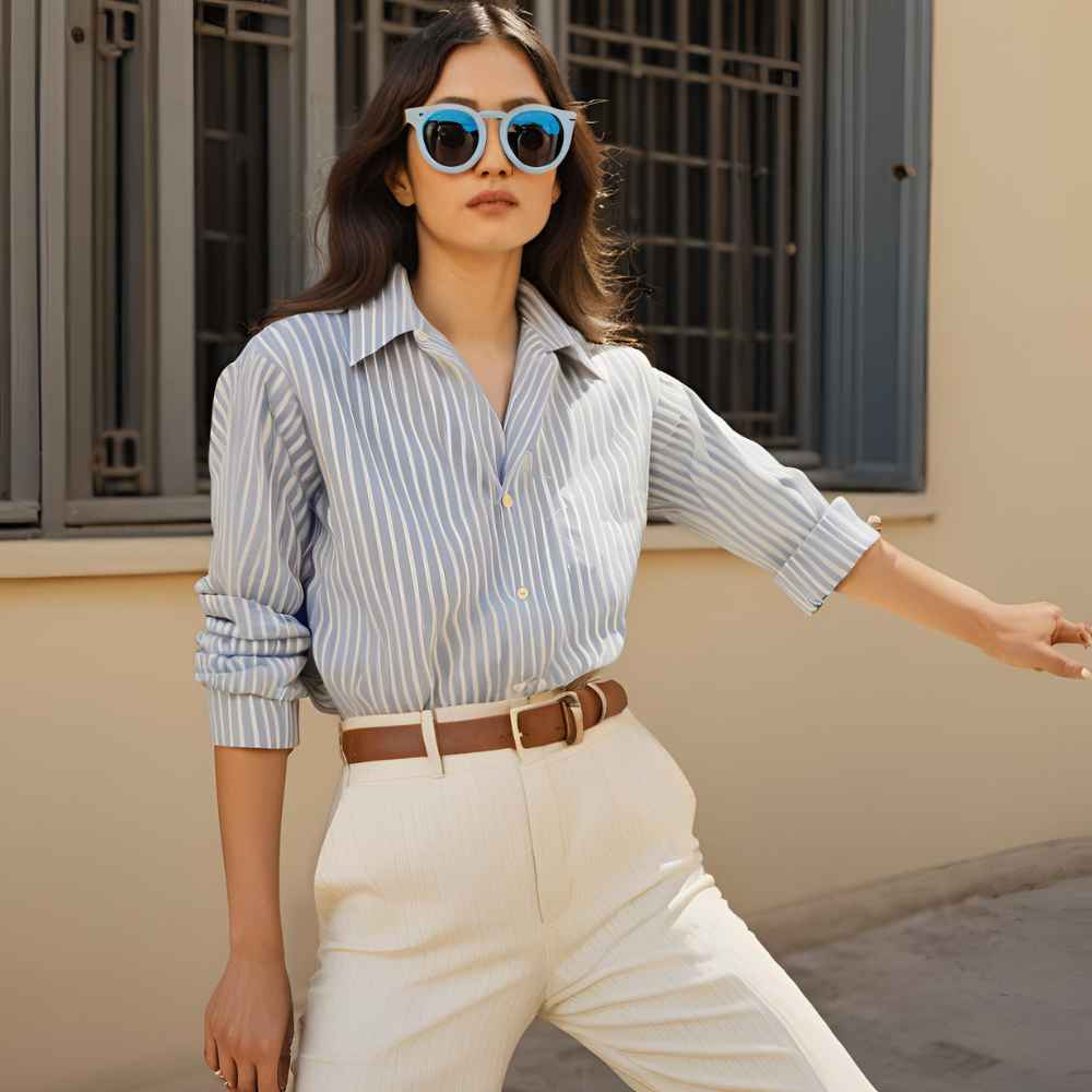 A crisp blue and white striped shirt paired with cream-colored trousers and loafers creates a timeless, French minimalist aesthetic.