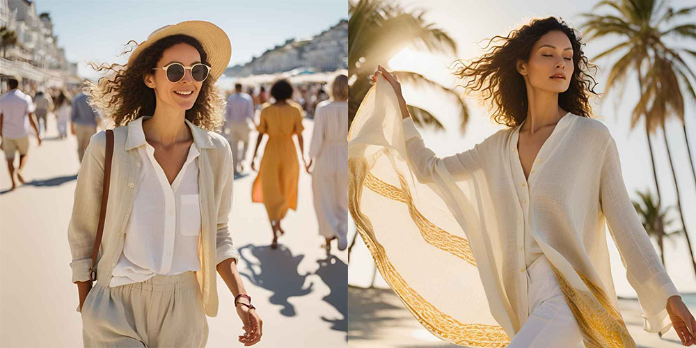 Consider linen accessories, such as hats and scarves, or choose designs with earth tones or shades of chartreuse.