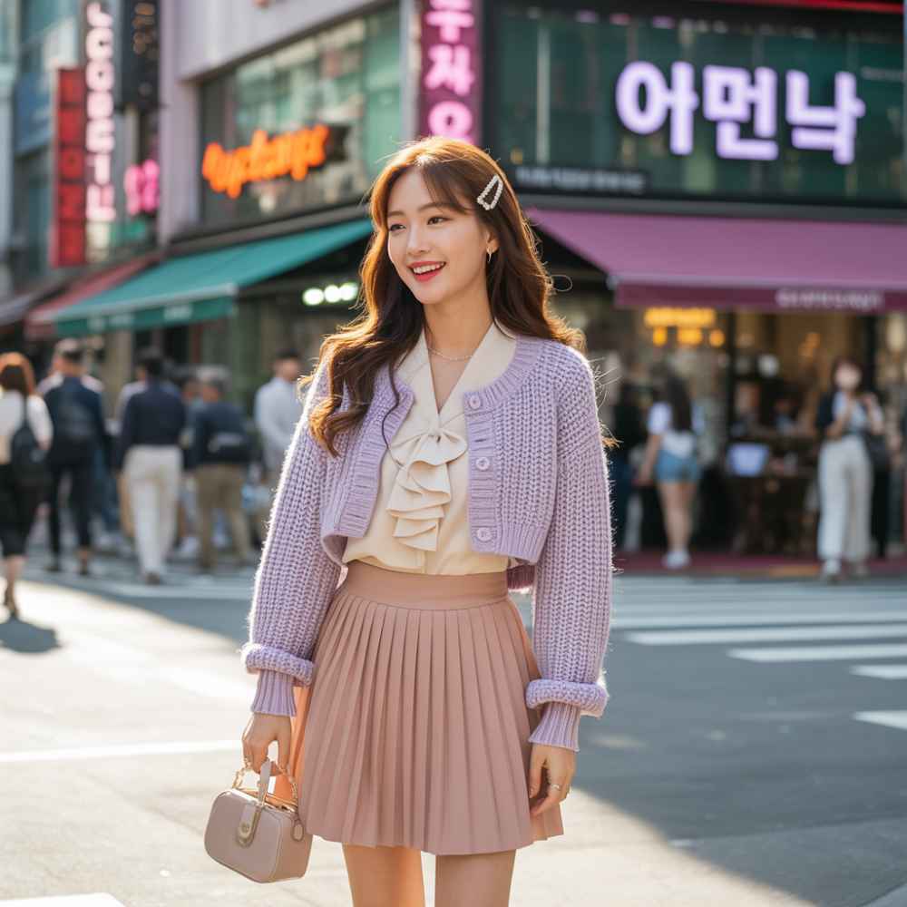 Korean sweet style is perfect for those who want to express a cute and romantic temperament, particularly young women who enjoy soft colors and playful pairings.