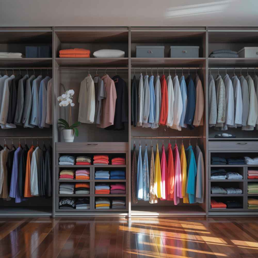 Some people prefer arranging clothes by color, others classify by material. Visual order enhances the pleasure of using the space.