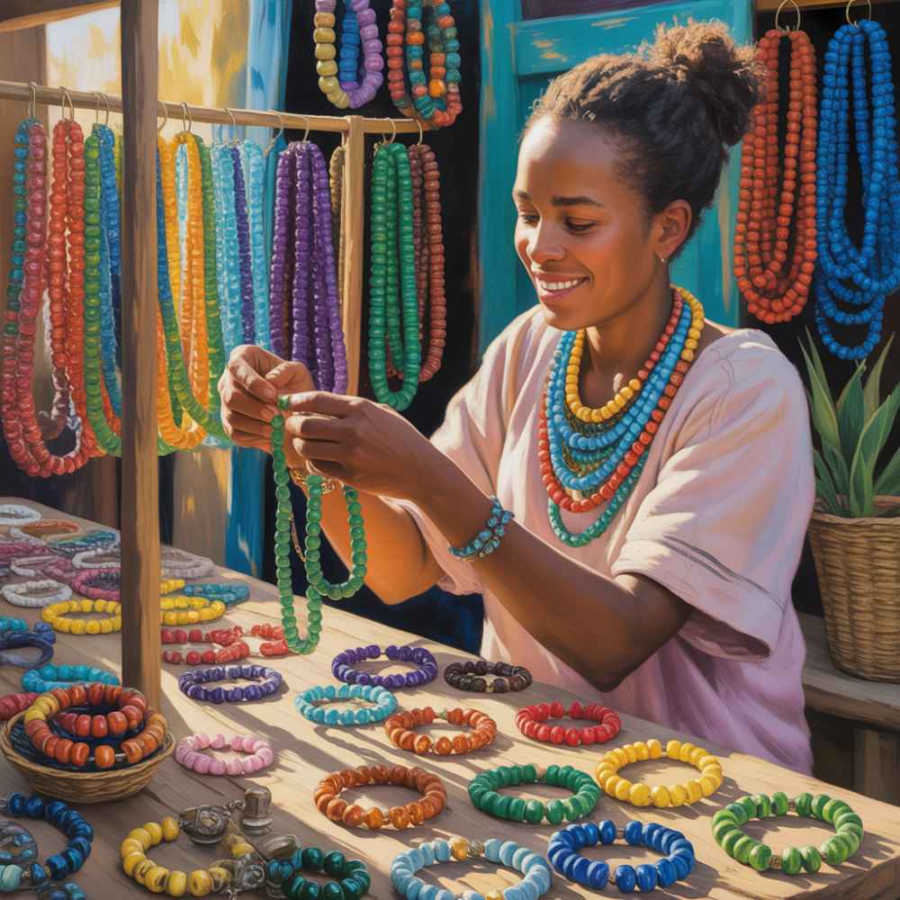 African handcrafted beadwork is often made from recycled glass fragments and plant seeds.