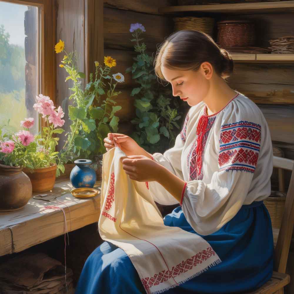 The Ukrainian Vyshyvanka (embroidered shirt) is created with botanical dyes and natural cotton threads; every stitch is a symbol of prayer and protection.