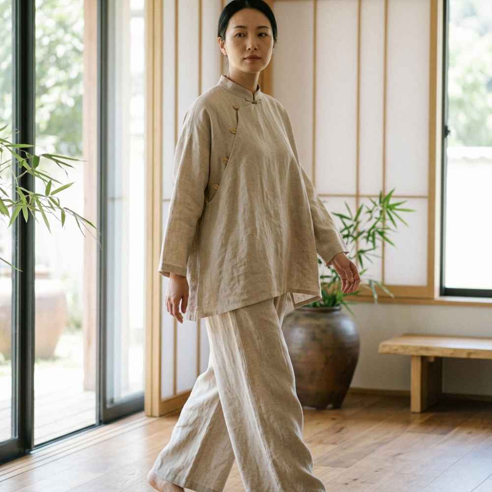 Linen and Organic Cotton: Warmth and Compassion in the Touch The slightly cool touch of linen and its non-clinging spatiality help keep the mind peaceful, while organic cotton provides a gentle, skin-friendly experience.