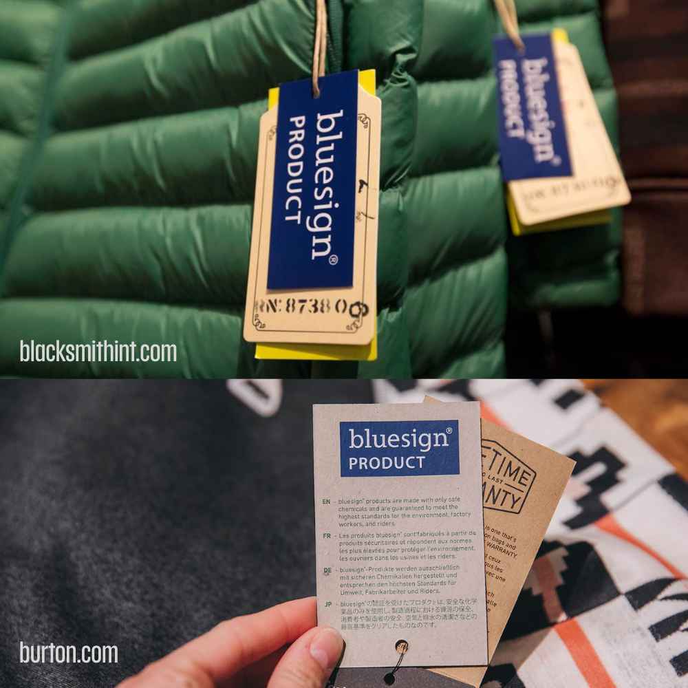 Look for products labeled with "Recycled Polyester," "Solution Dyed," or those holding Bluesign® certifications.