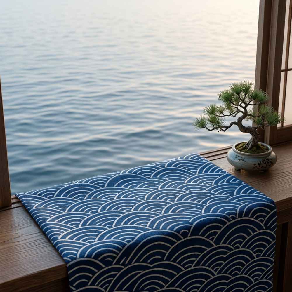 Seigaiha is often transformed into understated geometric textures, bringing a sense of tranquil stability to the wearer.