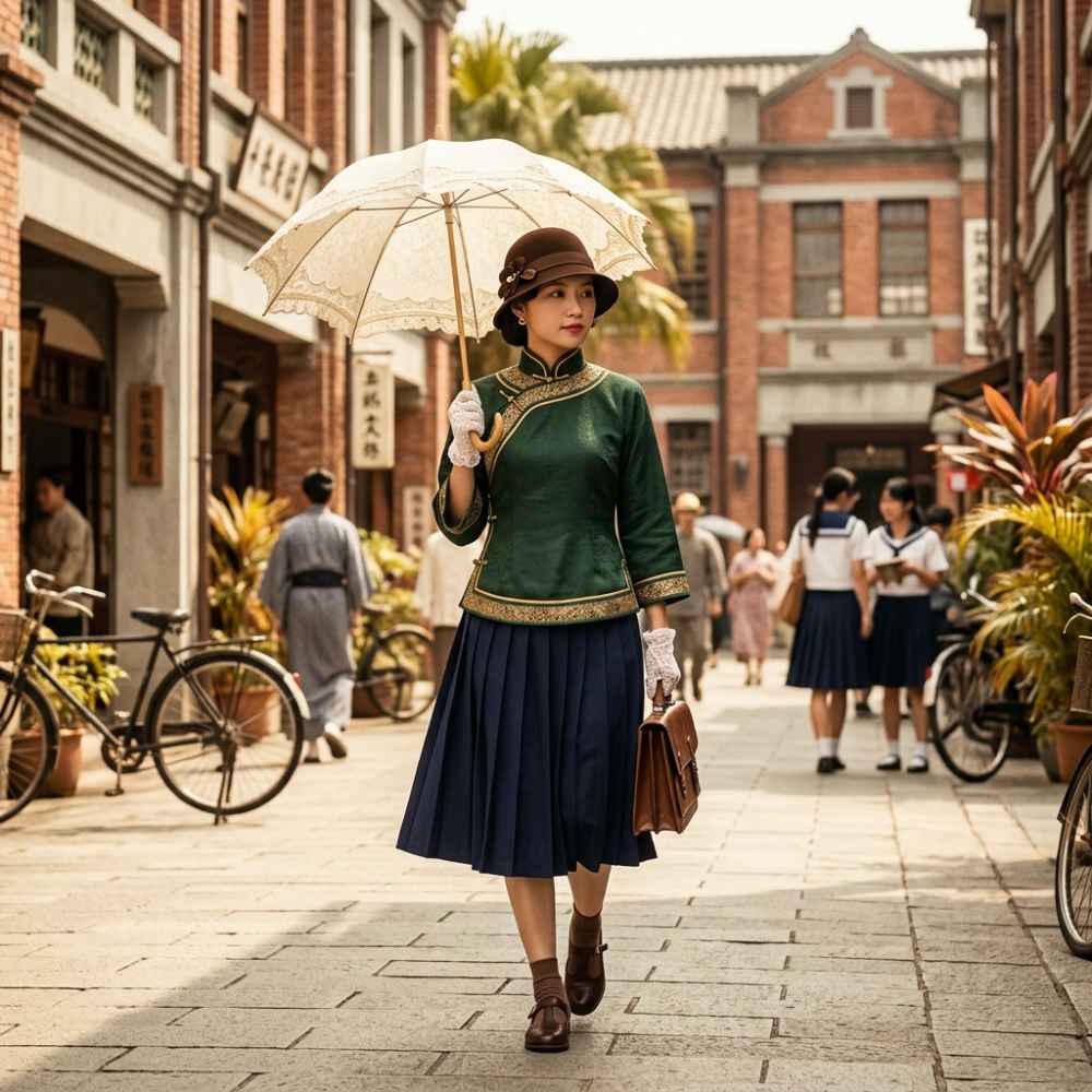 The genius pairing of the Da-Jin shirt with Western pleated skirts was the most classic and iconic look for female students and intellectual women during the colonial period.