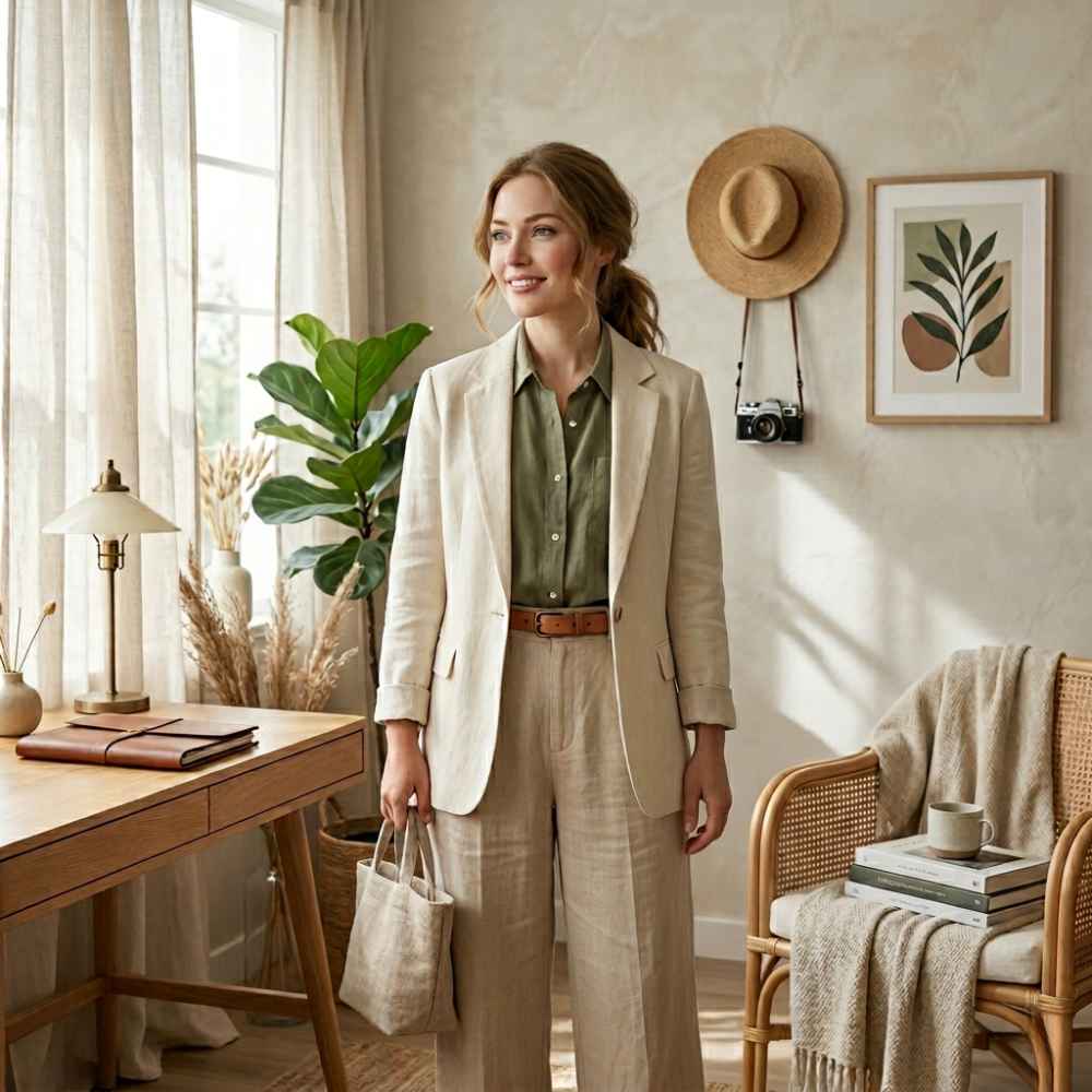 A relaxed linen shirt paired with straight-leg trousers is one of the most classic everyday linen combinations.